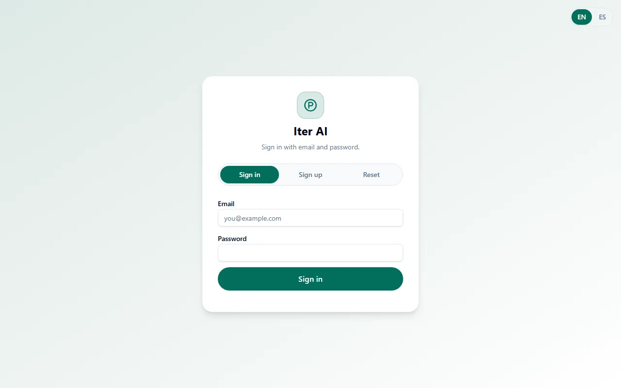 Iter AI sign-in screen with English and Spanish toggle and role-scoped tabs